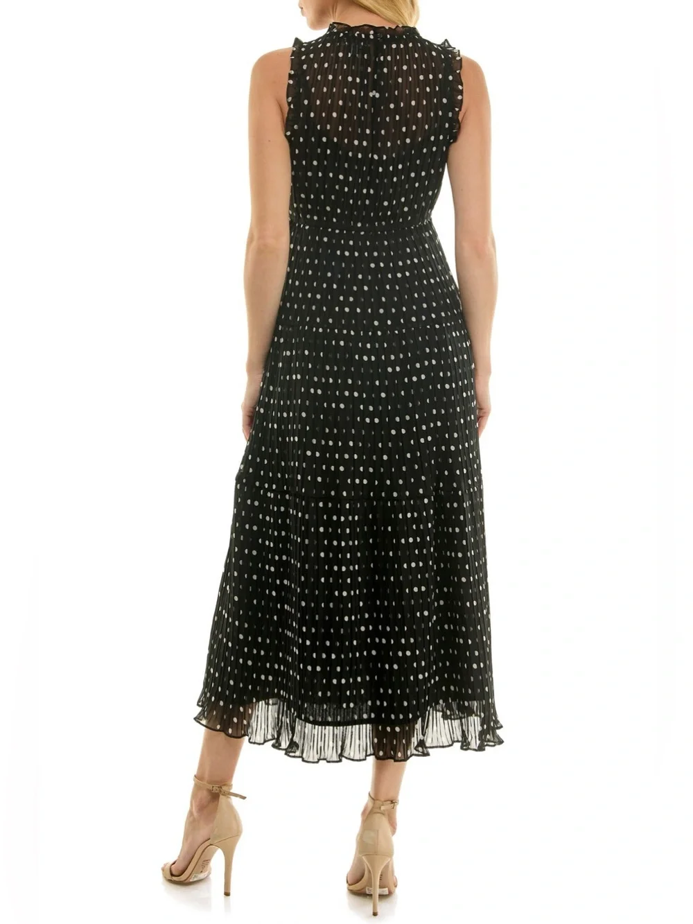 Socialite Polka Dot Sleeveless Pleated Chiffon Dress Black White Medium NWI